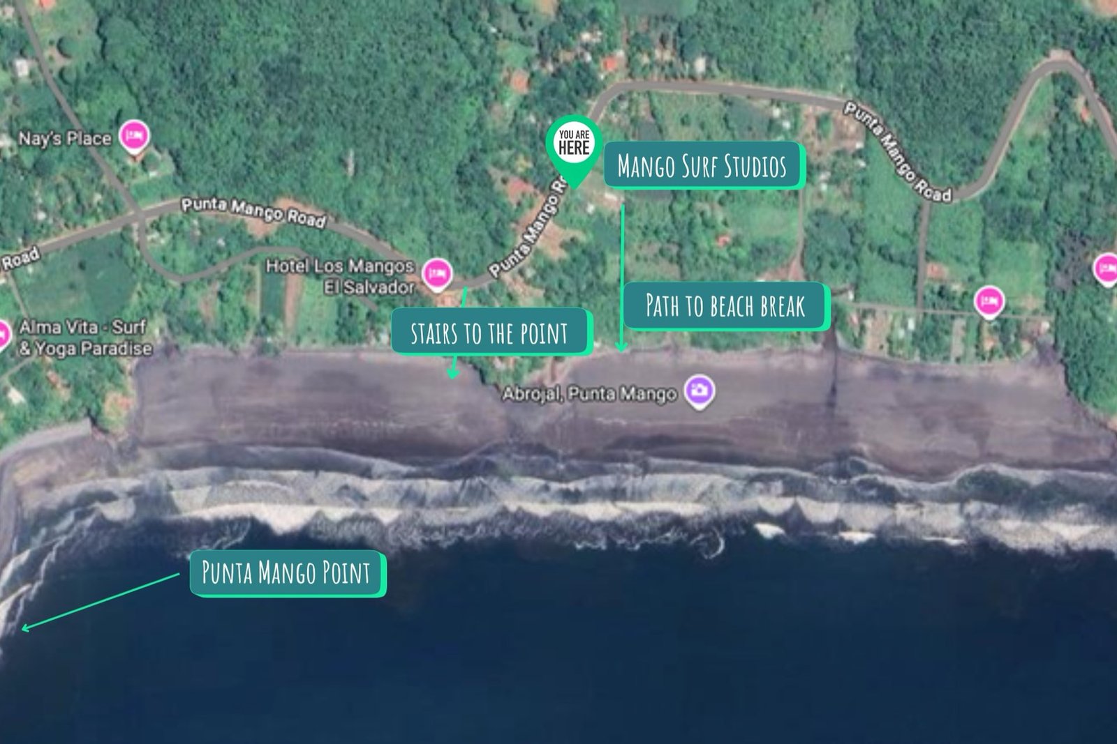 Satellite map showing Mango Surf Studios and the 200m path to Punta Mango point break